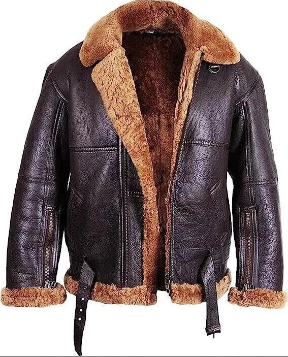 Men’s RAF B3 Sheepskin Leather Aviator Bomber Jacket – Real Fur Lined Pilot Flying Coat