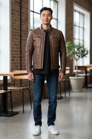 Sheepskin Leather Motorcycle Touring Jacket Brown with Protective Armour