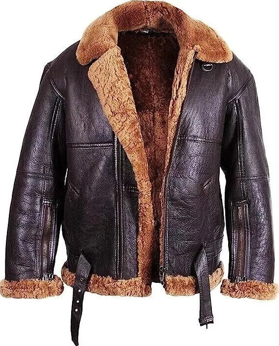 Men’s RAF B3 Sheepskin Leather Aviator Bomber Jacket – Real Fur Lined Pilot Flying Coat