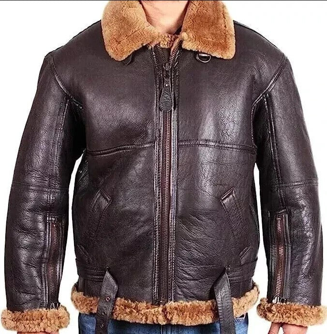 Men’s RAF B3 Sheepskin Leather Aviator Bomber Jacket – Real Fur Lined Pilot Flying Coat