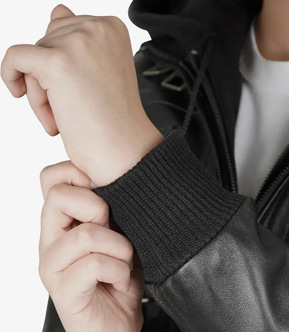 Edinburgh Women’s Tall Black Bomber Leather Jacket with Hood