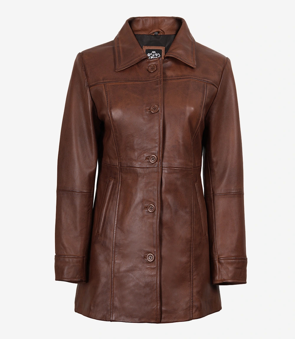 Women's Tall Real Leather Cognac Coat - 3/4 Length Coat