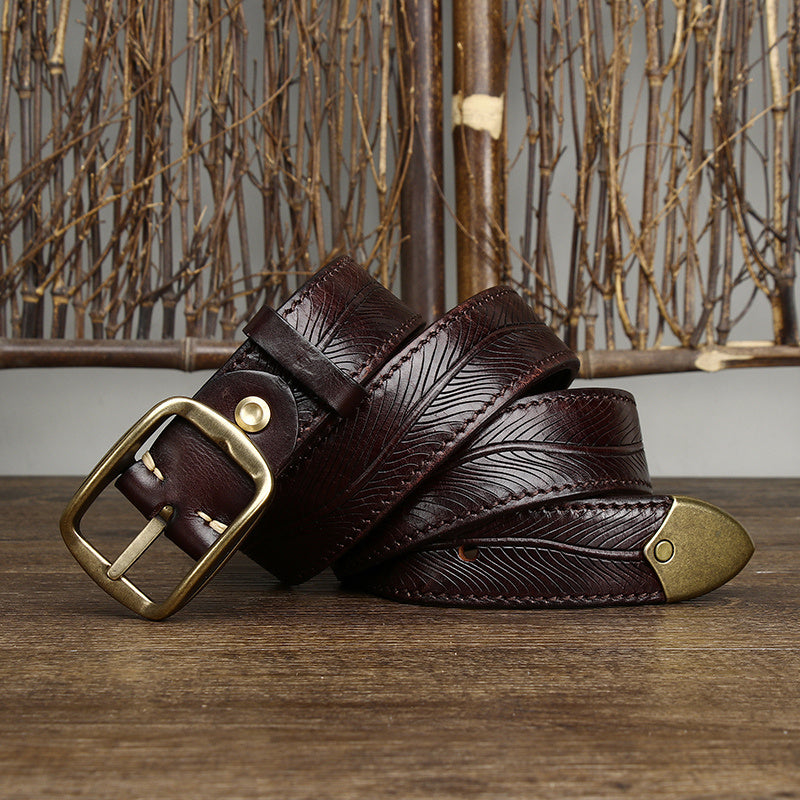 Men’s Double-Sided Genuine Cowhide Belt – 3.8CM Wide Thick Leather with Brass Buckle