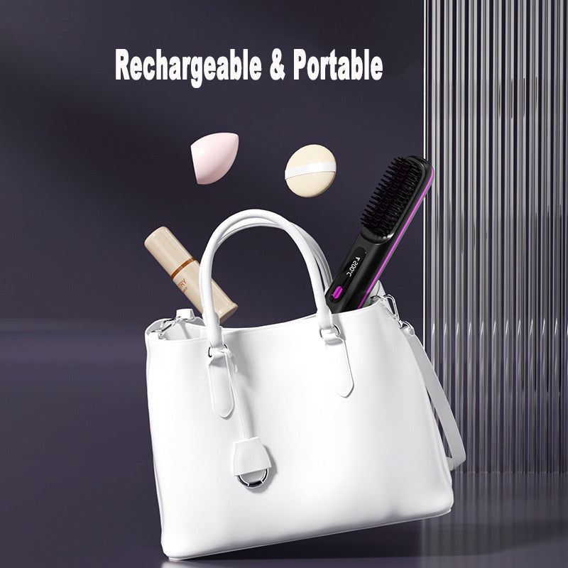 2-In-1 Wireless Hair Straightener Brush – Portable Fast Heating Comb & Hot Curler, USB Rechargeable
