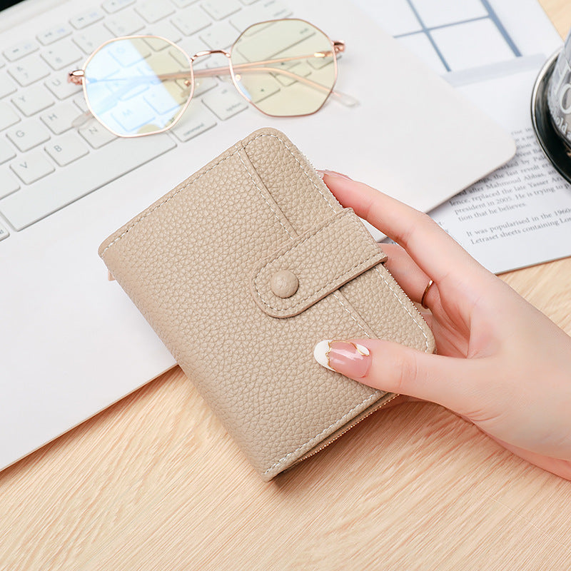 Ladies’ Short Wallet with Lychee Pattern – 2-Fold PU Leather Mini Purse