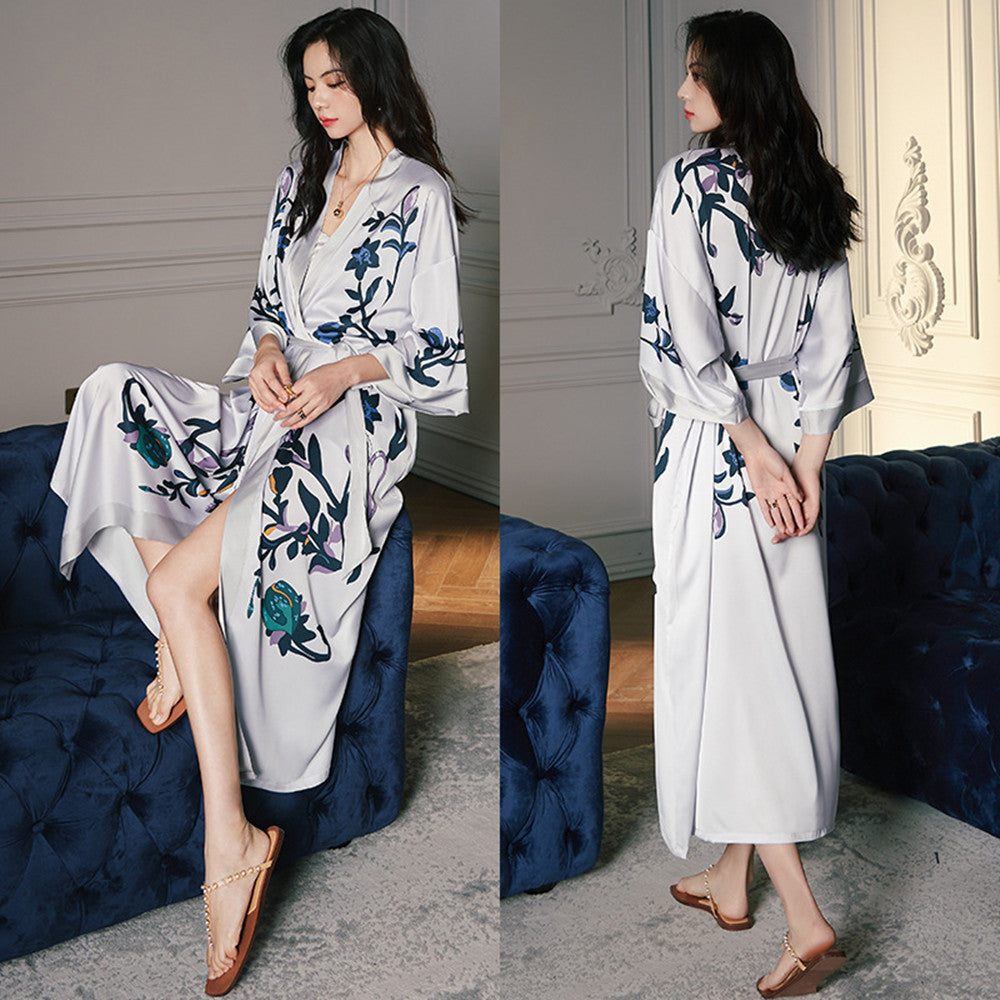 Women’s Luxury Silk Dressing Gown – Long Floral Print Elegant Nightwear Robe