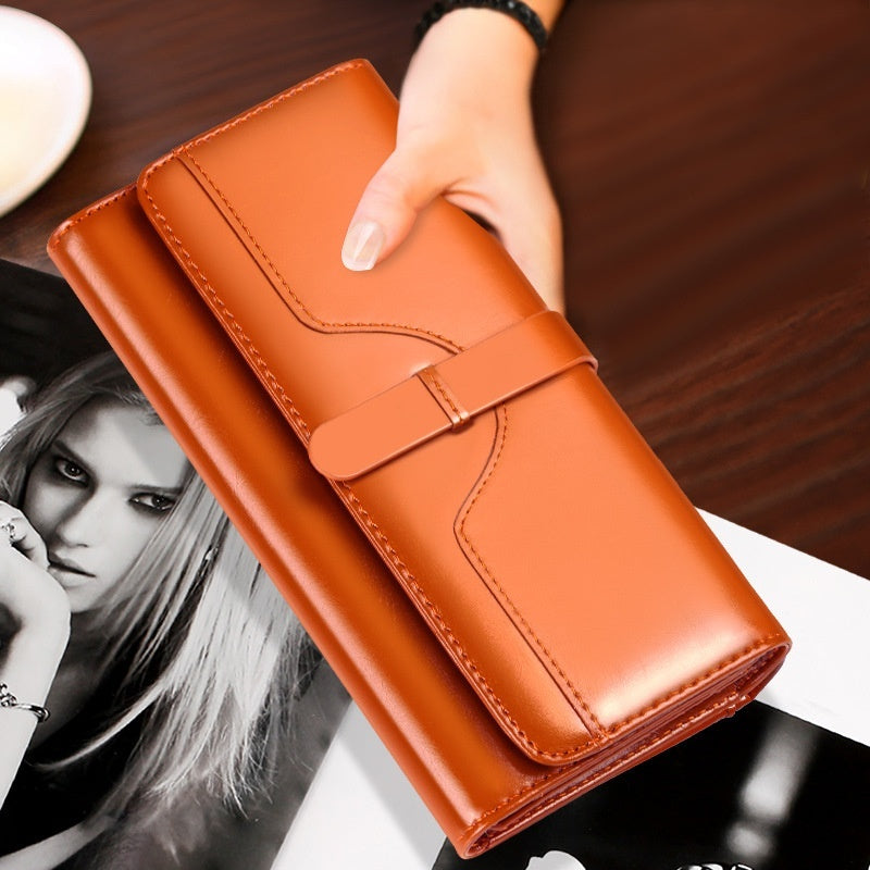 Pure Leather Women’s Tri-fold Wallet – Long Buckle Genuine Cowhide