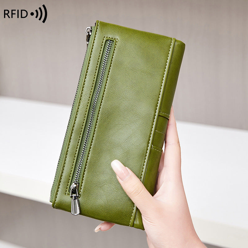 Oil Wax Leather Women’s Long Wallet – Double Zipper Retro Anti-theft PU Purse