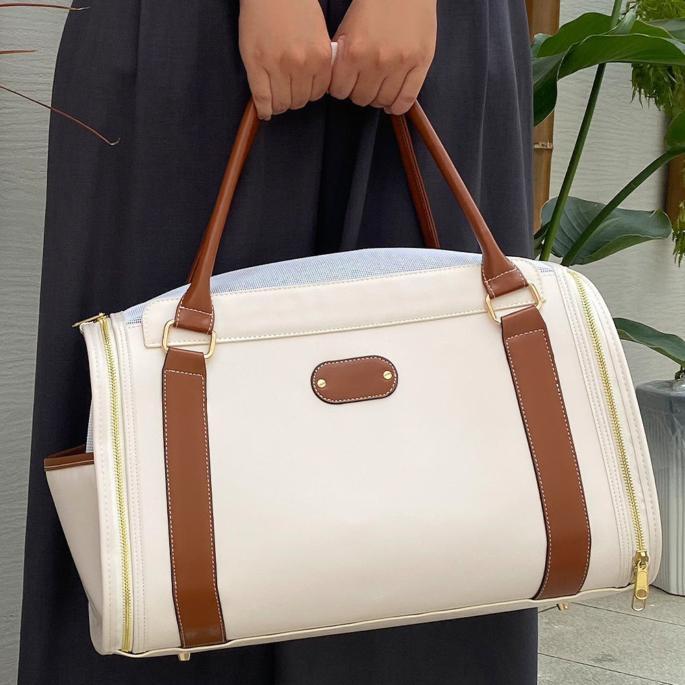Fashion Portable Leather Pet Bag – Personalized Solid Color Travel Carrier for Dogs & Cats