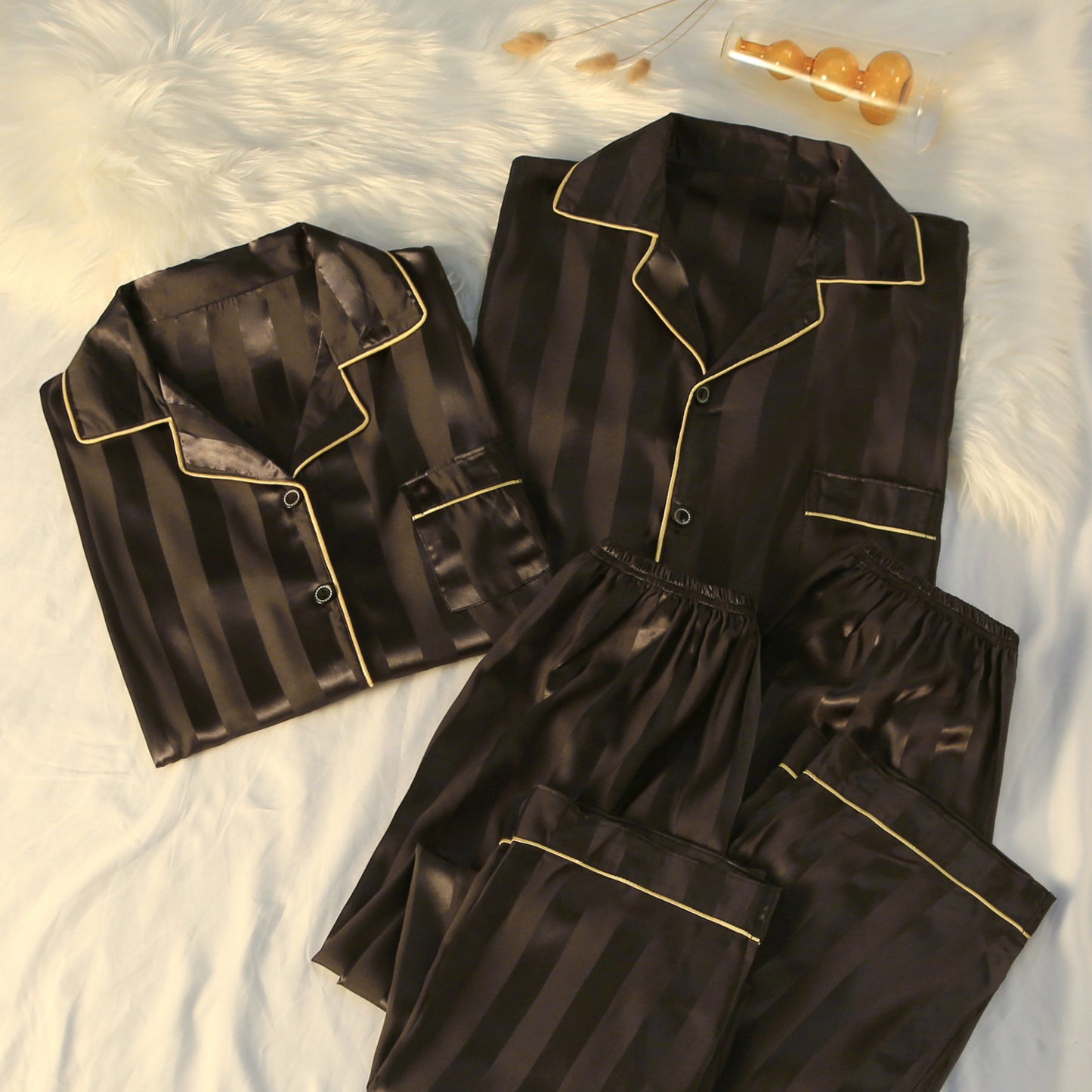 Striped Luxury Silk Loungewear Set – Plus Size Pajamas for Men & Women
