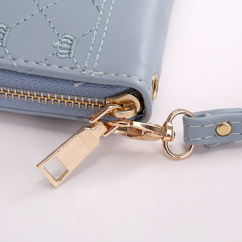 Women’s Crown Embroidery Clutch Wallet – Single Zip PU Leather Long Purse