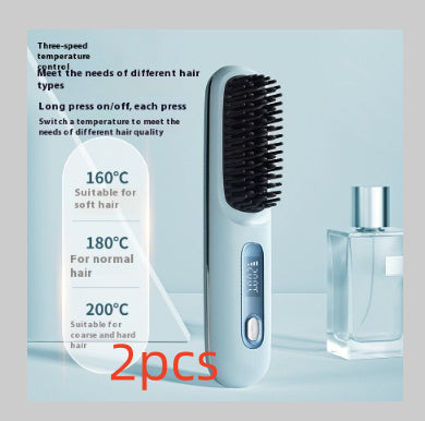 2-In-1 Wireless Hair Straightener Brush – Portable Fast Heating Comb & Hot Curler, USB Rechargeable