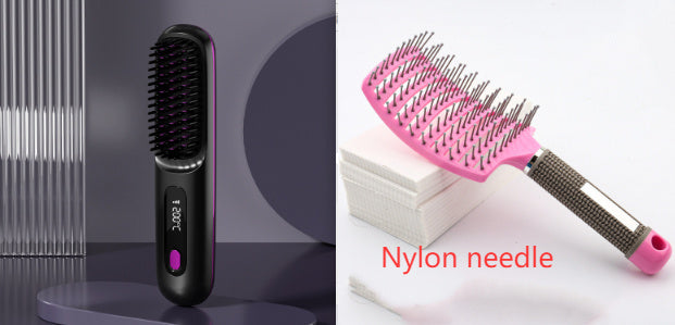 2-In-1 Wireless Hair Straightener Brush – Portable Fast Heating Comb & Hot Curler, USB Rechargeable