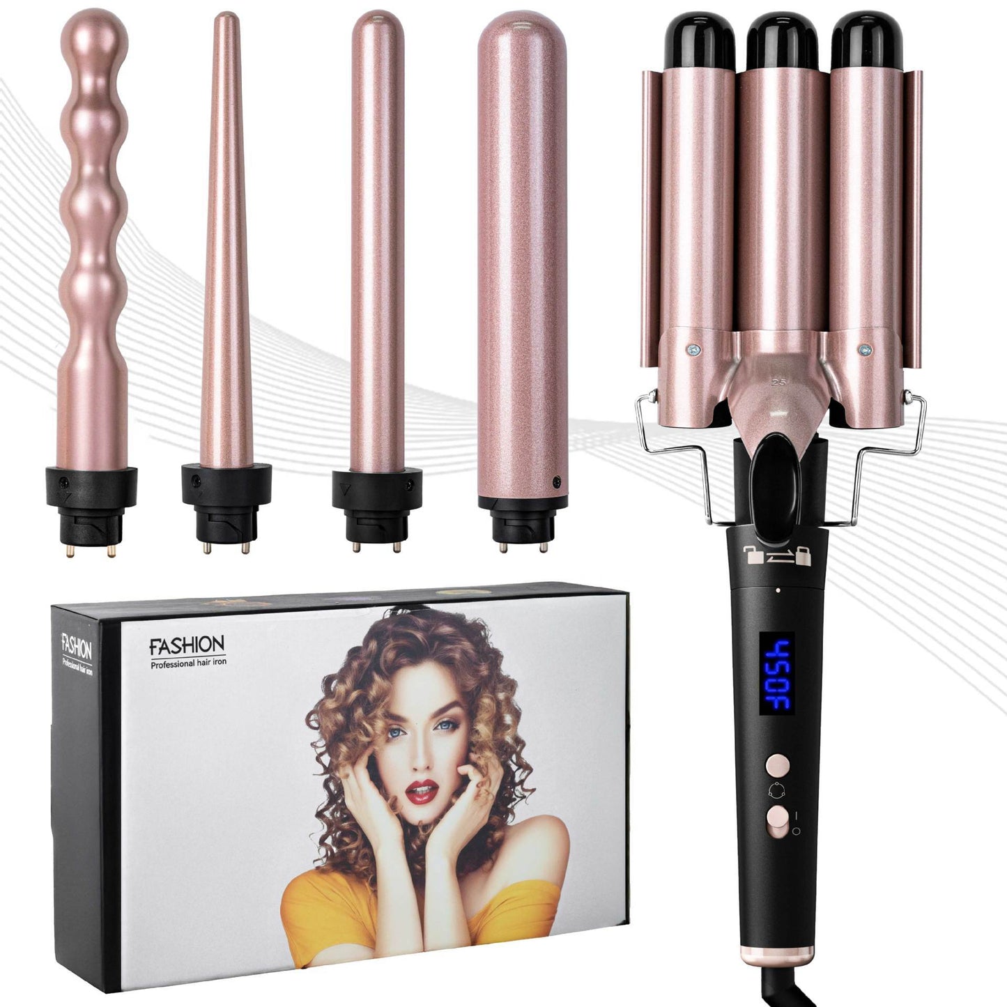 5-in-1 Hair Curler Set with Interchangeable Barrels | Negative Ion Curling Wand with LCD Display