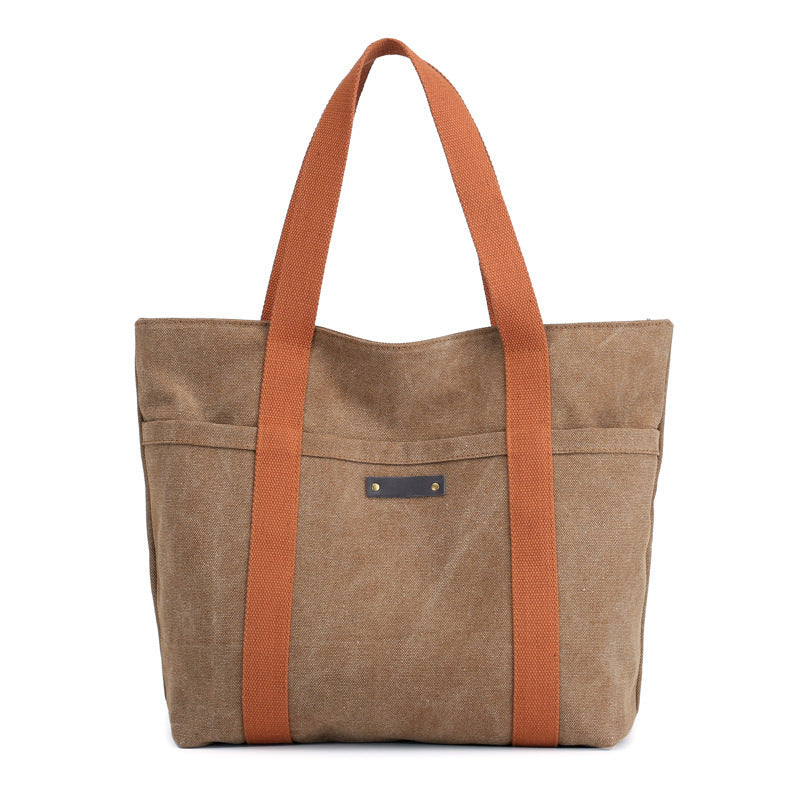 Casual Canvas Tote Bag for Women – Retro Solid Color Shoulder & Messenger Handbag