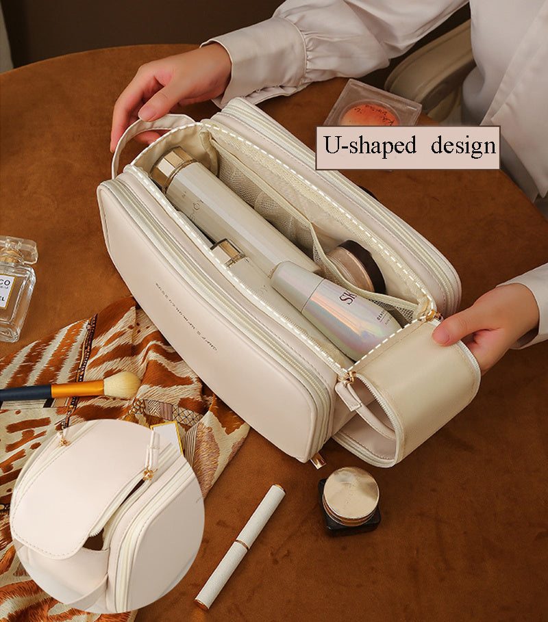 Three-Layer PU Leather Cosmetic Bag – Double Zipper U-Shape Portable Makeup Organizer