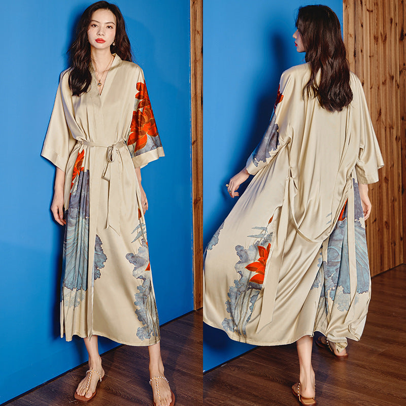Women’s Luxury Silk Dressing Gown – Long Floral Print Elegant Nightwear Robe