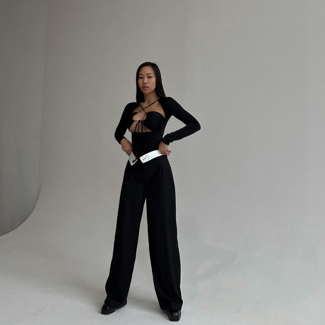 Sexy Cut Out Strap Long Sleeve Bodysuit – Slim Fit Black Women’s Jumpsuit