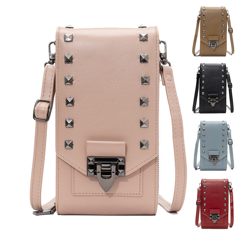 Women’s Rivet Design Crossbody Shoulder Bag – PU Leather Mobile Phone Handbag