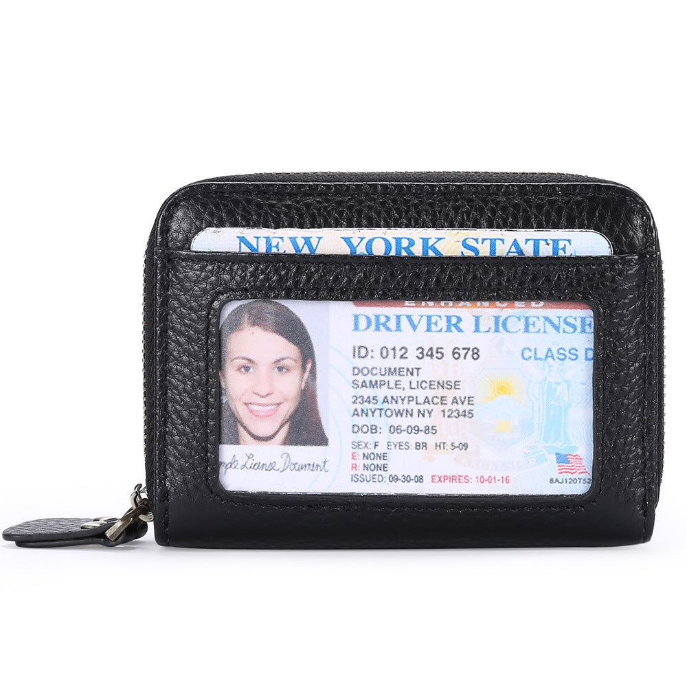 First Cowhide Double Layer Zipper Expanding Card Holder – Genuine Leather Anti-Theft Wallet with Gift Box