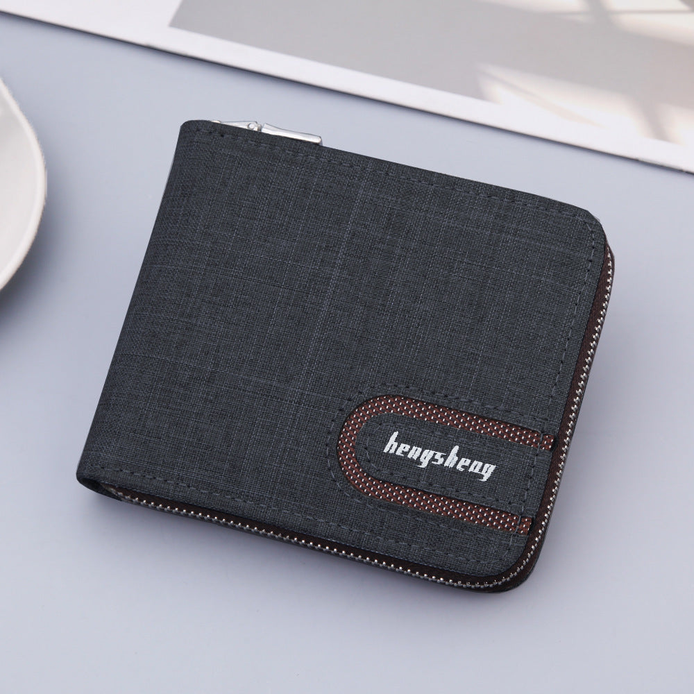 Men’s Canvas Short Wallet – Retro Multifunctional Zipper Bifold Purse with Card & Coin Holder