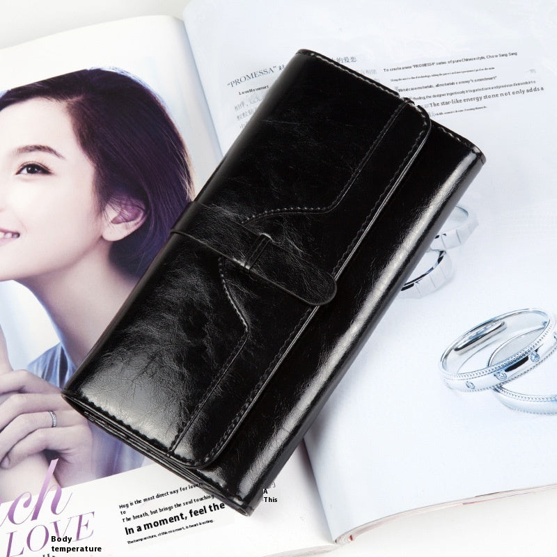 Pure Leather Women’s Tri-fold Wallet – Long Buckle Genuine Cowhide
