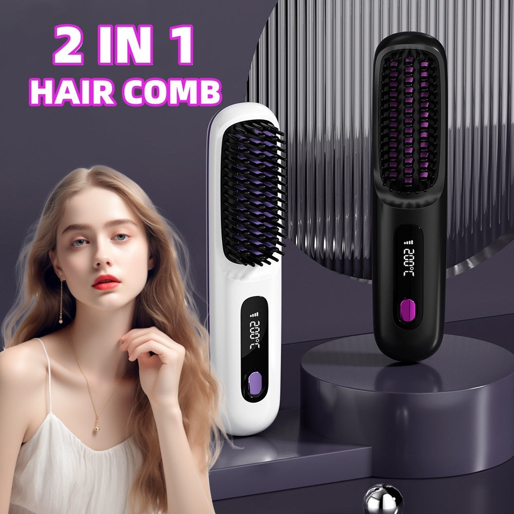 2-In-1 Wireless Hair Straightener Brush – Portable Fast Heating Comb & Hot Curler, USB Rechargeable