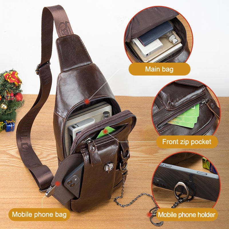 Genuine Leather Men’s Chest Shoulder Messenger Bag – Retro Cowhide Crossbody Sling Bag