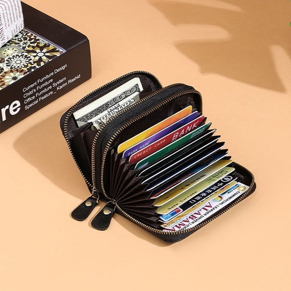 First Cowhide Double Layer Zipper Expanding Card Holder – Genuine Leather Anti-Theft Wallet with Gift Box