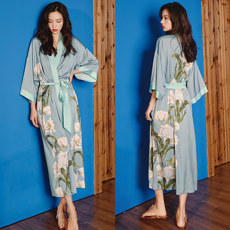 Women’s Luxury Silk Dressing Gown – Long Floral Print Elegant Nightwear Robe