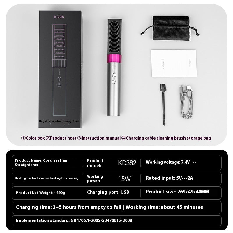 Anion Wireless Straight Comb – Rechargeable Portable Dual-Purpose Hair Styling Brush