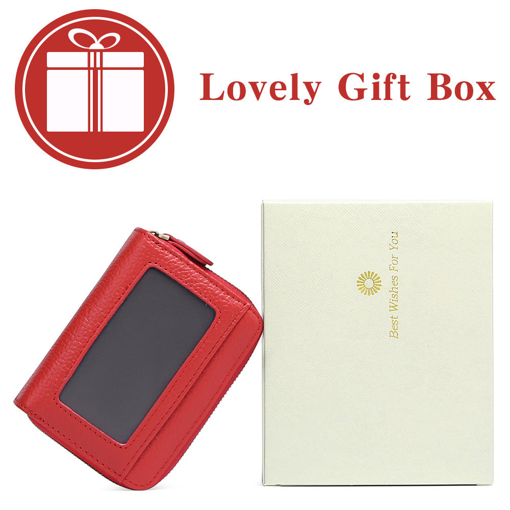 First Cowhide Double Layer Zipper Expanding Card Holder – Genuine Leather Anti-Theft Wallet with Gift Box