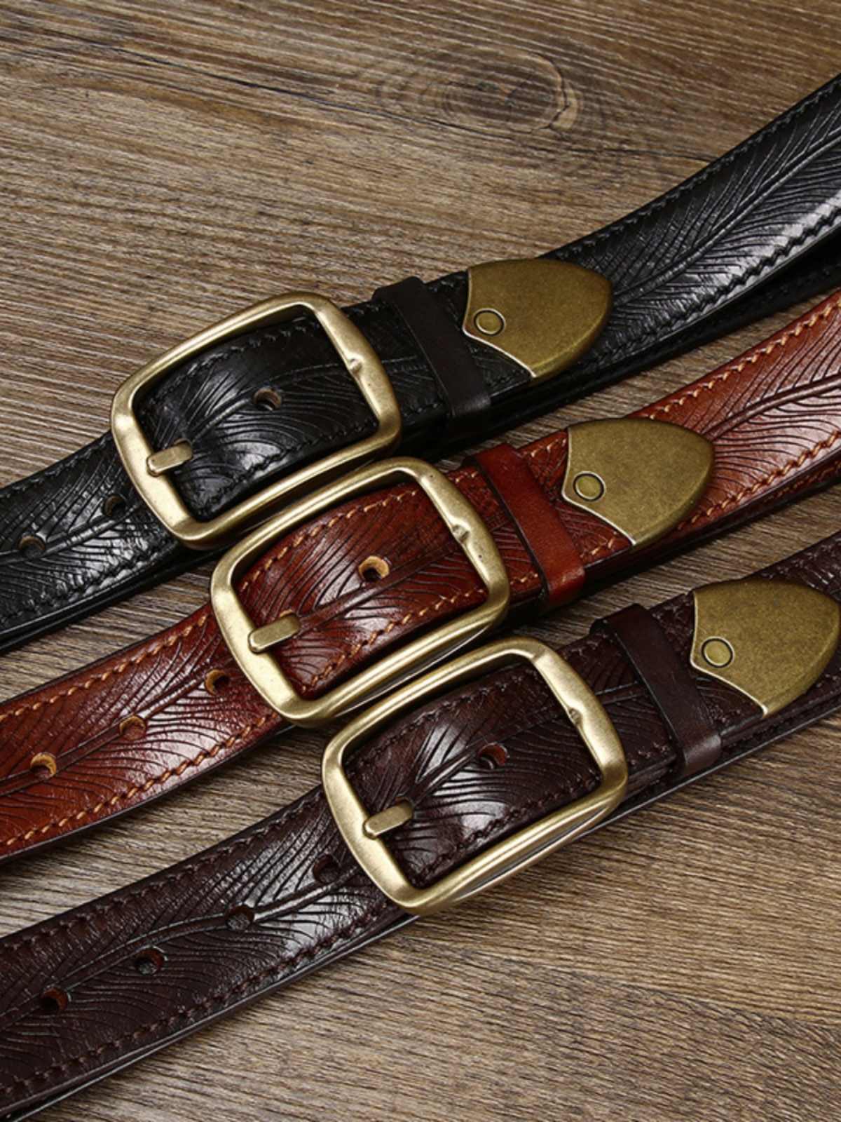 Men’s Double-Sided Genuine Cowhide Belt – 3.8CM Wide Thick Leather with Brass Buckle