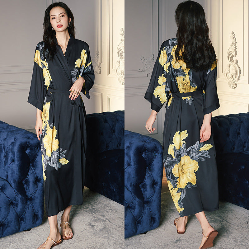 Women’s Luxury Silk Dressing Gown – Long Floral Print Elegant Nightwear Robe