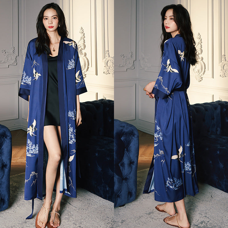 Women’s Luxury Silk Dressing Gown – Long Floral Print Elegant Nightwear Robe