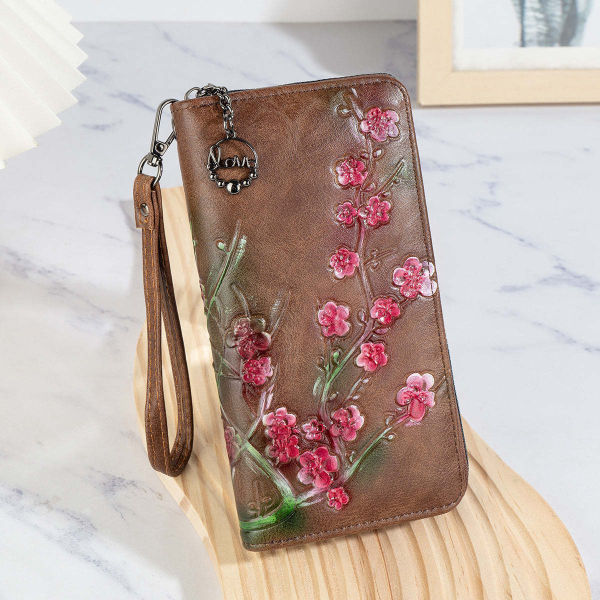 Embossed Hand-painted Chinese Style PU Zipper Handbag – Retro Floral Women’s Wallet
