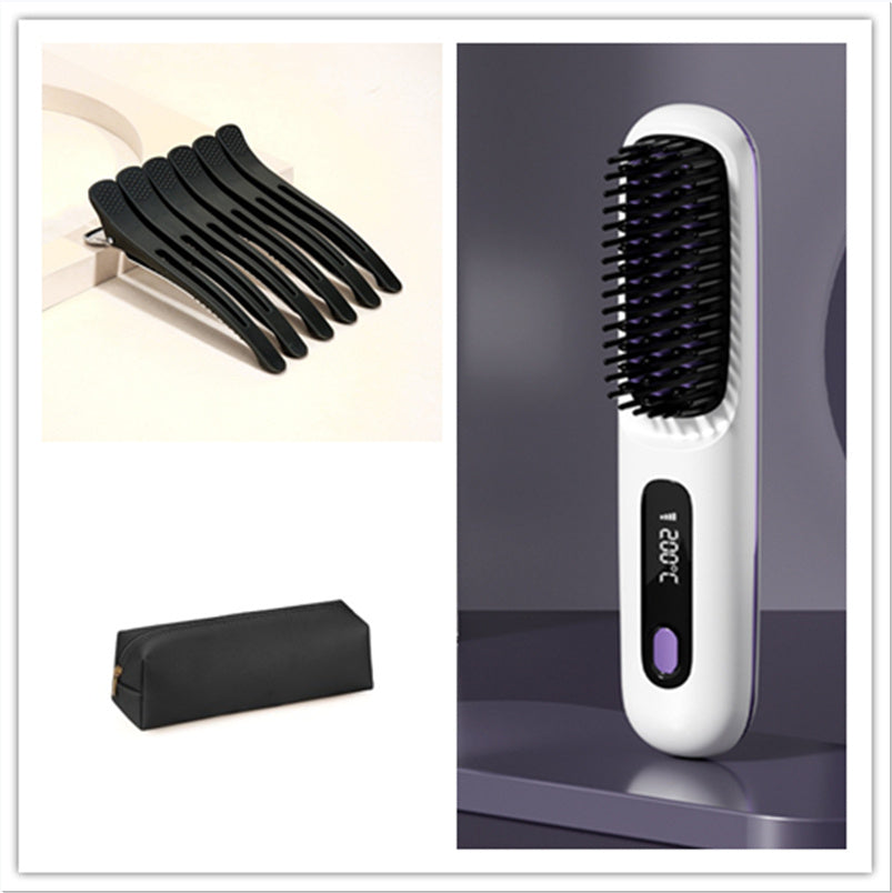 2-In-1 Wireless Hair Straightener Brush – Portable Fast Heating Comb & Hot Curler, USB Rechargeable
