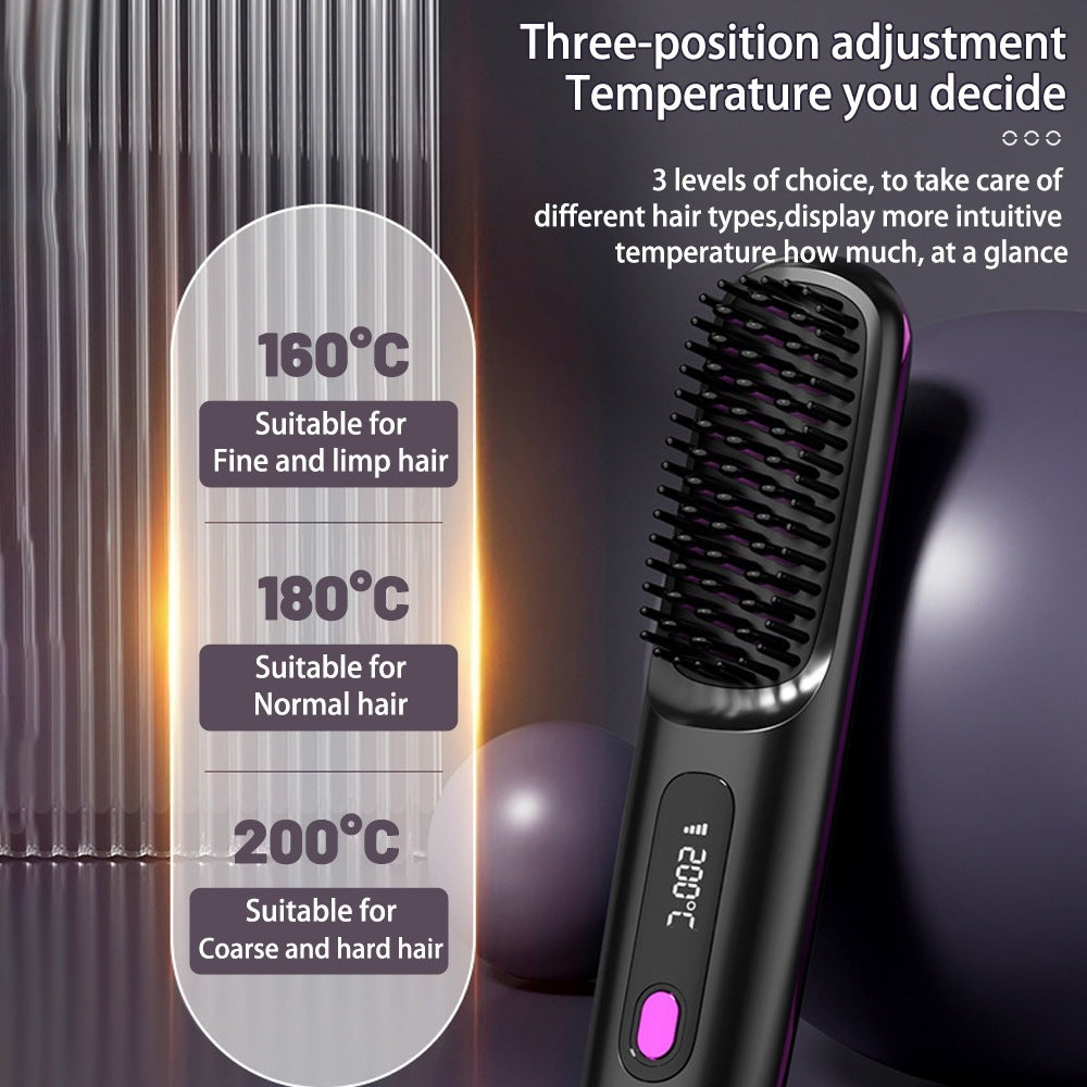 2-In-1 Wireless Hair Straightener Brush – Portable Fast Heating Comb & Hot Curler, USB Rechargeable