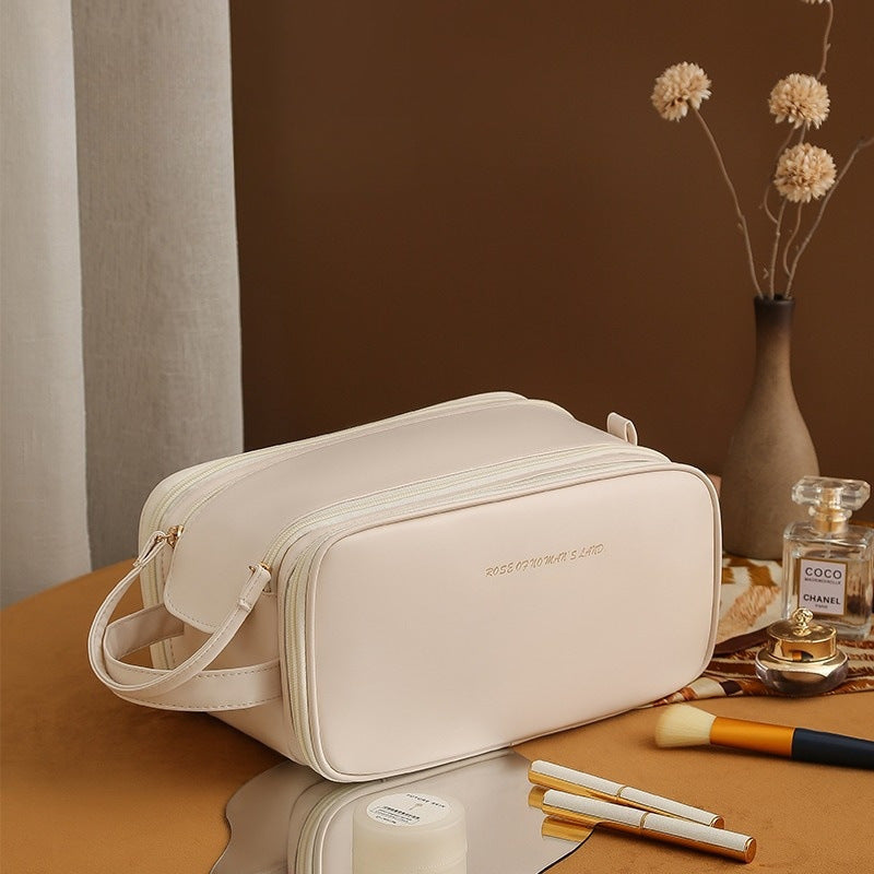Three-Layer PU Leather Cosmetic Bag – Double Zipper U-Shape Portable Makeup Organizer
