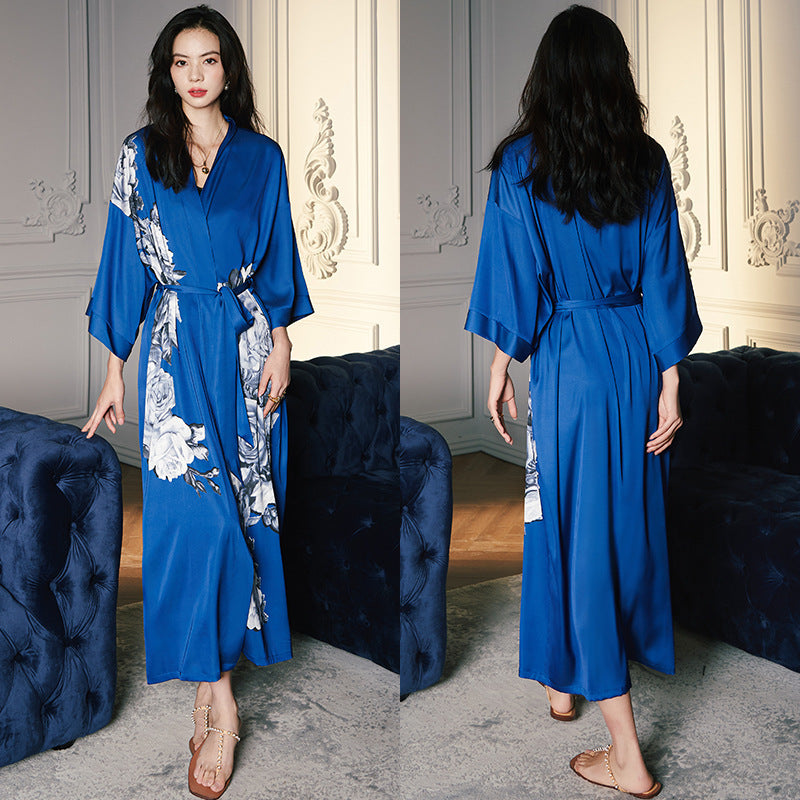 Women’s Luxury Silk Dressing Gown – Long Floral Print Elegant Nightwear Robe
