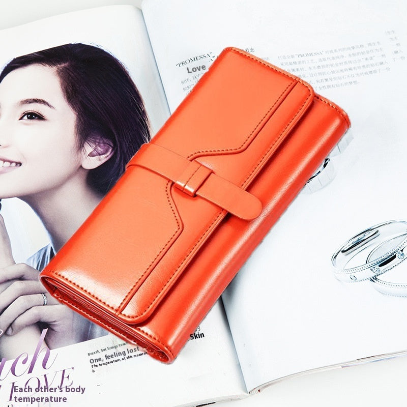 Pure Leather Women’s Tri-fold Wallet – Long Buckle Genuine Cowhide