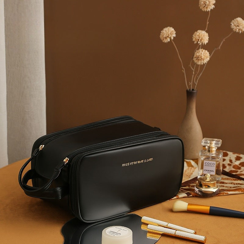 Three-Layer PU Leather Cosmetic Bag – Double Zipper U-Shape Portable Makeup Organizer