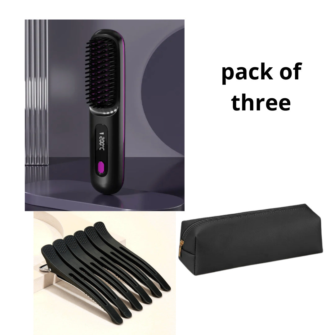 2-In-1 Wireless Hair Straightener Brush – Portable Fast Heating Comb & Hot Curler, USB Rechargeable