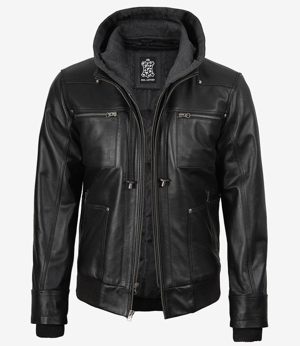 Men's Real Leather Black Bomber Jacket with Removable Hood