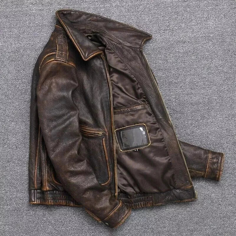 Men’s Vintage Pilot Air Force Leather Jacket – Real Leather, Zip Closure, All-Season Wear