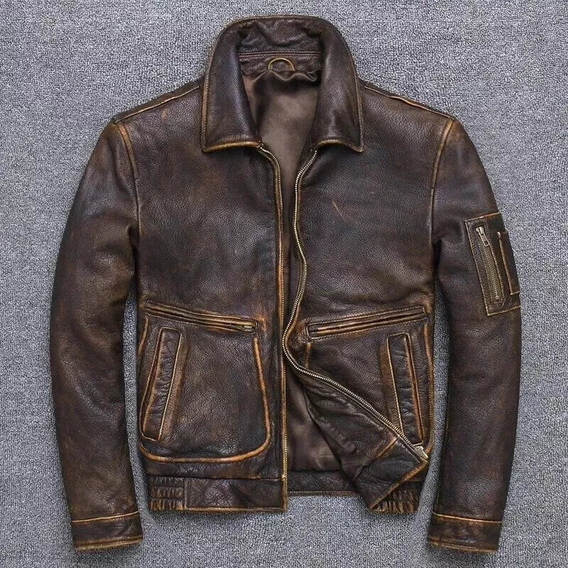 Men’s Vintage Pilot Air Force Leather Jacket – Real Leather, Zip Closure, All-Season Wear