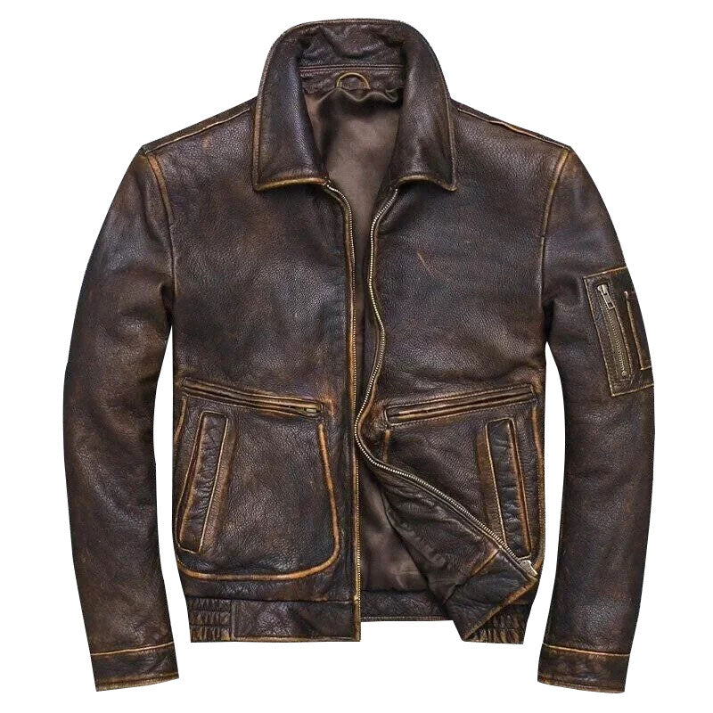 Men’s Vintage Pilot Air Force Leather Jacket – Real Leather, Zip Closure, All-Season Wear