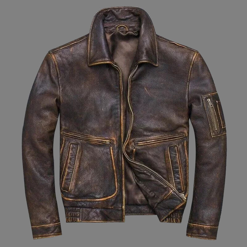 Men’s Vintage Pilot Air Force Leather Jacket – Real Leather, Zip Closure, All-Season Wear