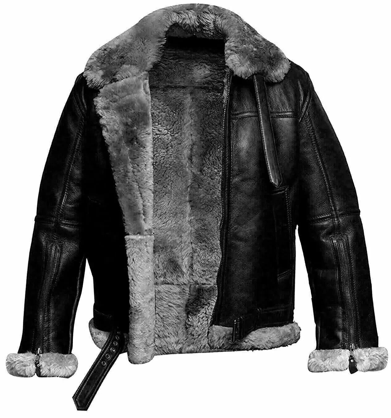 Men’s RAF Aviator Bomber Leather Jacket – B3 Flying Pilot Style with Shearling Fur Lining
