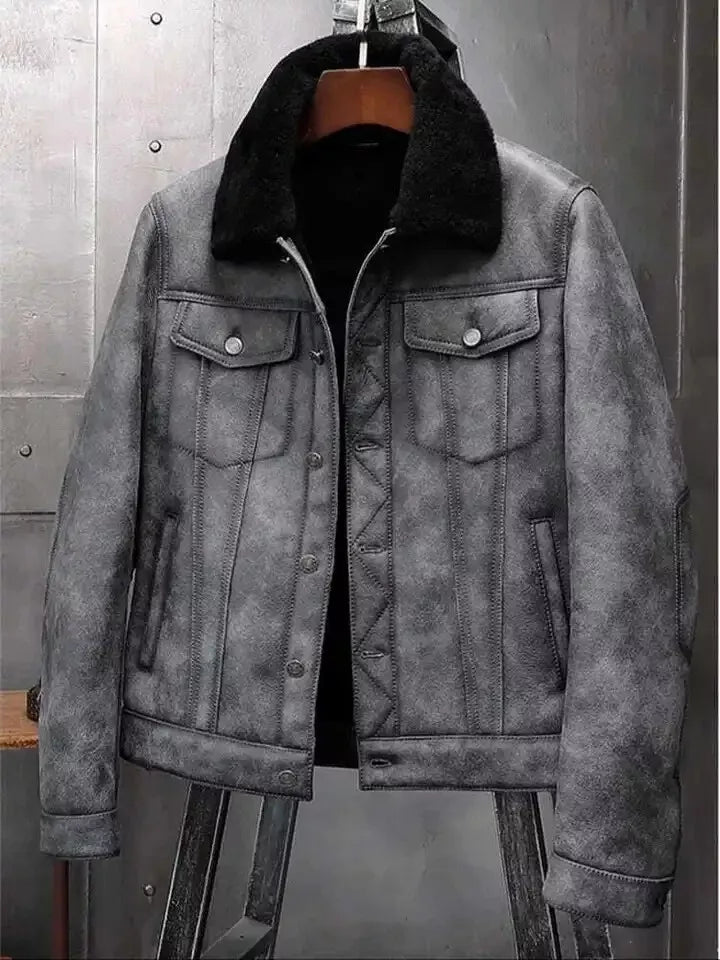 Men's RAF B3 Bomber Aviator Jacket – Grey Lambskin Leather with Fur Shearling
